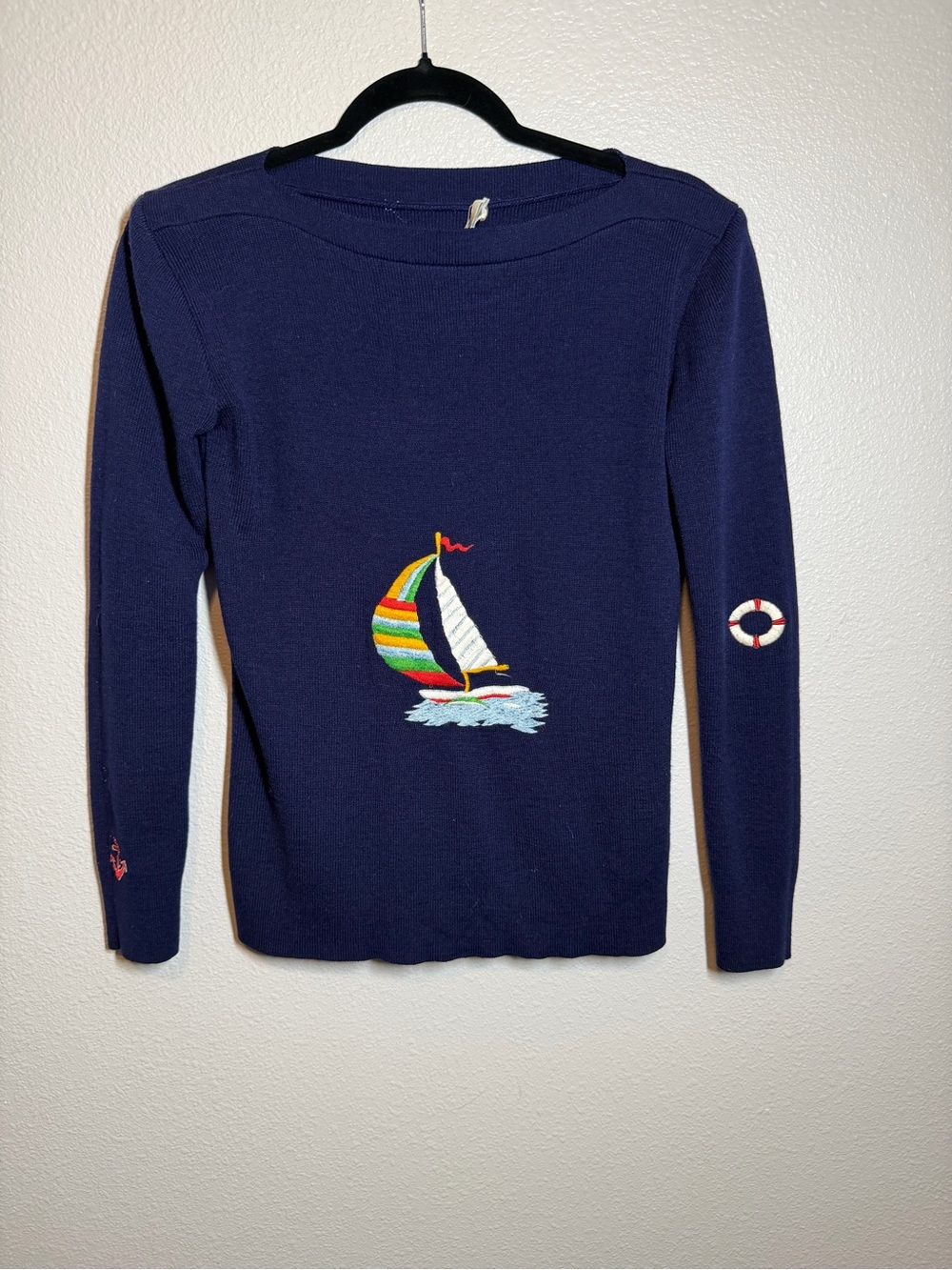 VINTAGE LEROY NAUTICAL BOAT ANCHOR SWEATER BOATNECK KNITWEAR SAILBOAT CRUISE